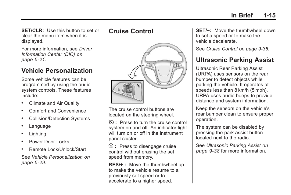 Vehicle personalization, Cruise control, Ultrasonic parking assist | Buick 2011 Regal User Manual | Page 19 / 360