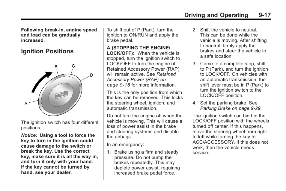 Ignition positions, Ignition positions -17, Driving and operating 9-17 | Buick 2011 Regal User Manual | Page 205 / 360