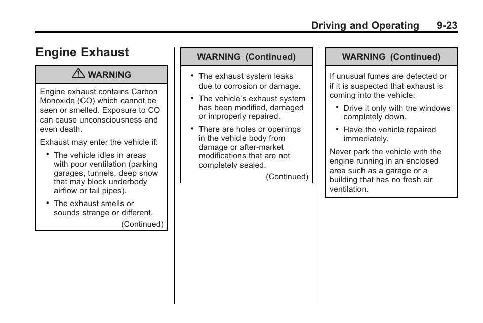 Engine exhaust, Engine exhaust -23, Driving and operating 9-23 | Buick 2011 Regal User Manual | Page 211 / 360