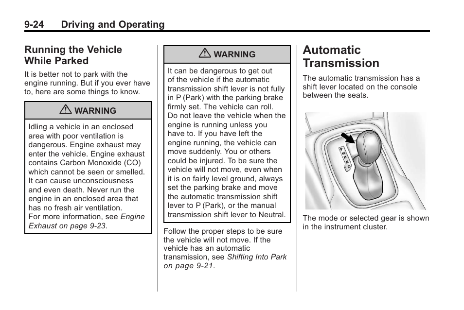 Running the vehicle while parked, Automatic transmission, Running the vehicle while | Parked -24, Transmission -24 | Buick 2011 Regal User Manual | Page 212 / 360