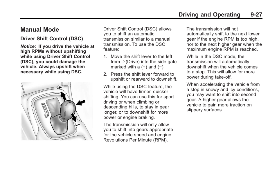 Manual mode, Manual mode -27, Driving and operating 9-27 | Buick 2011 Regal User Manual | Page 215 / 360