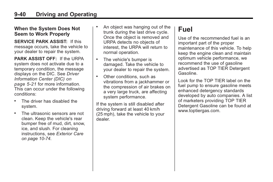 Fuel, Fuel -40, 40 driving and operating | Buick 2011 Regal User Manual | Page 228 / 360