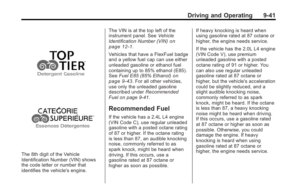 Recommended fuel, Recommended fuel on, Recommended fuel -41 | Buick 2011 Regal User Manual | Page 229 / 360