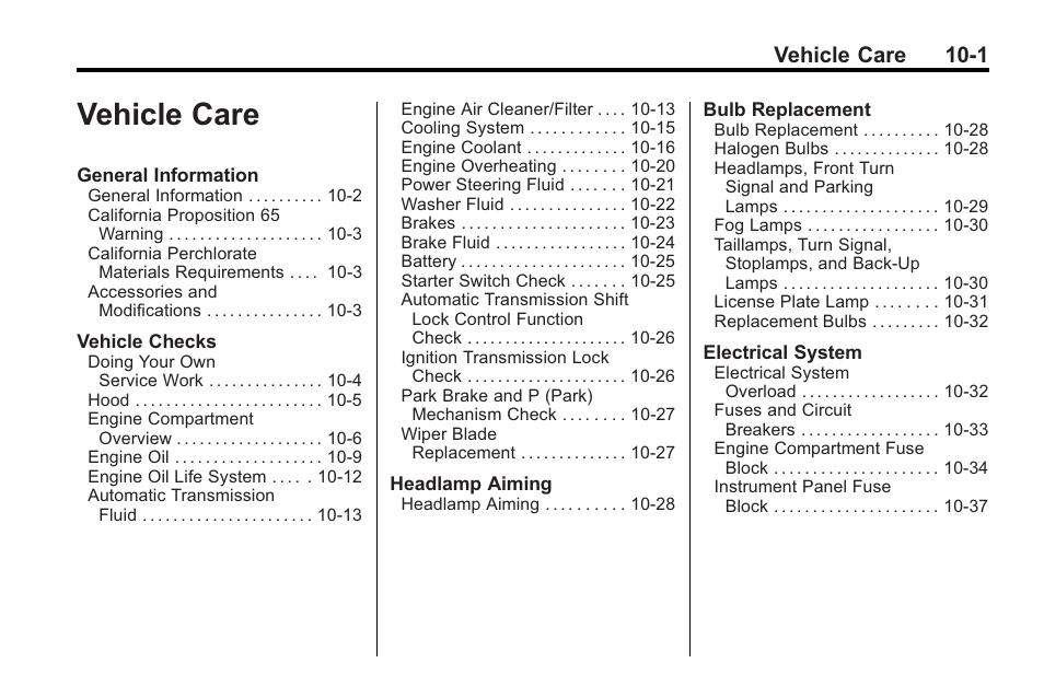 Vehicle care, Vehicle care -1, Vehicle care 10-1 | Buick 2011 Regal User Manual | Page 237 / 360