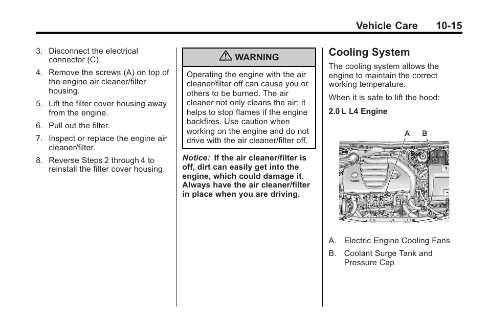 Cooling system, Cooling system -15, Vehicle care 10-15 | Buick 2011 Regal User Manual | Page 251 / 360
