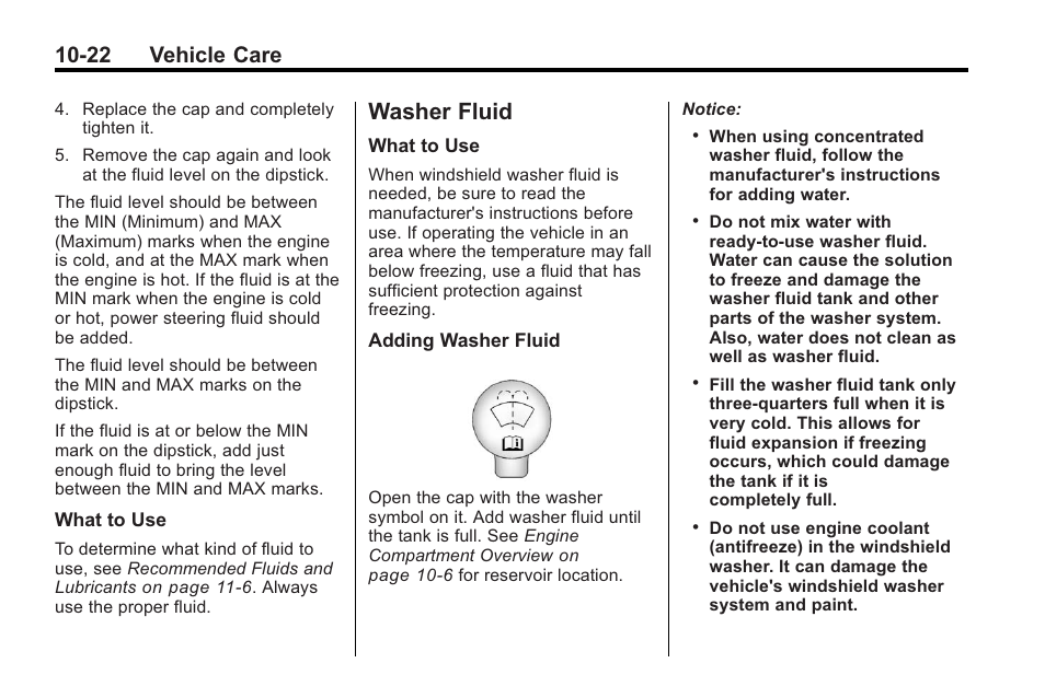 Washer fluid, Washer fluid -22, 22 vehicle care | Buick 2011 Regal User Manual | Page 258 / 360