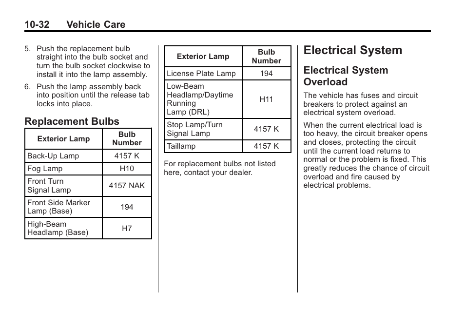 Replacement bulbs, Electrical system, Electrical system overload | Electrical system -32, Maintenance, Replacement bulbs -32, Overload -32, 32 vehicle care | Buick 2011 Regal User Manual | Page 268 / 360