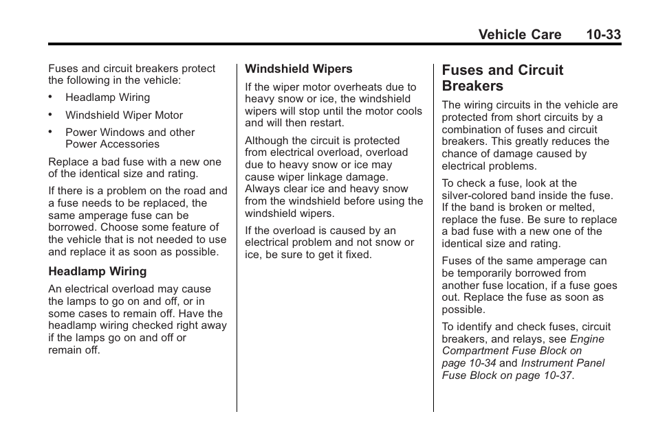 Fuses and circuit breakers, Fuses and circuit, Breakers -33 | Vehicle care 10-33 | Buick 2011 Regal User Manual | Page 269 / 360