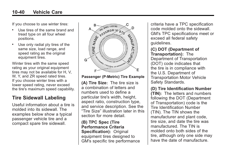 Tire sidewall labeling, Tire sidewall labeling -40, 40 vehicle care | Buick 2011 Regal User Manual | Page 276 / 360