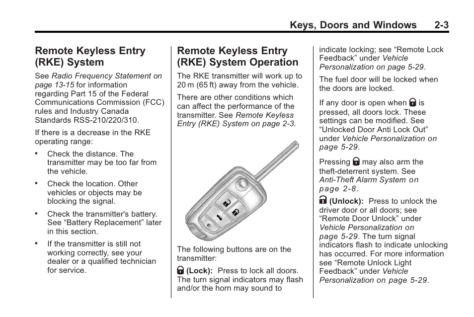 Remote keyless entry (rke) system, Remote keyless entry (rke) system operation, Remote keyless entry (rke) | System -3, System operation -3, Power, Keys, doors and windows 2-3 | Buick 2011 Regal User Manual | Page 29 / 360