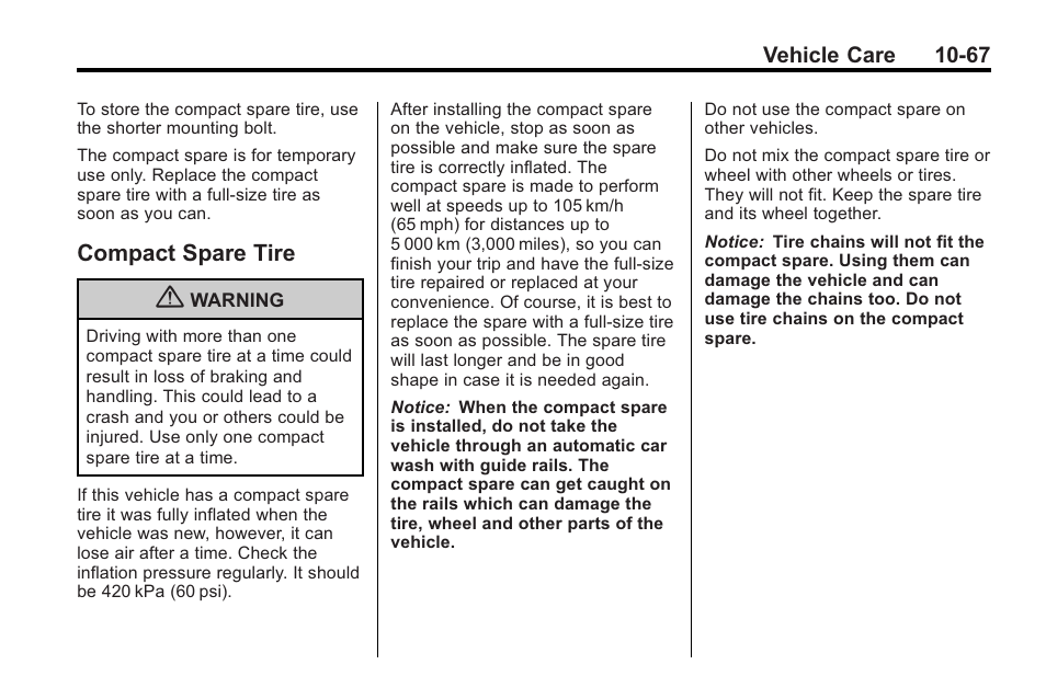 Compact spare tire, Compact spare tire -67 | Buick 2011 Regal User Manual | Page 303 / 360