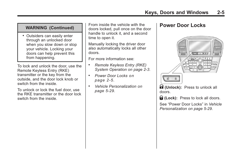 Power door locks, Power door locks -5, Power door locks k | Keys, doors and windows 2-5 | Buick 2011 Regal User Manual | Page 31 / 360