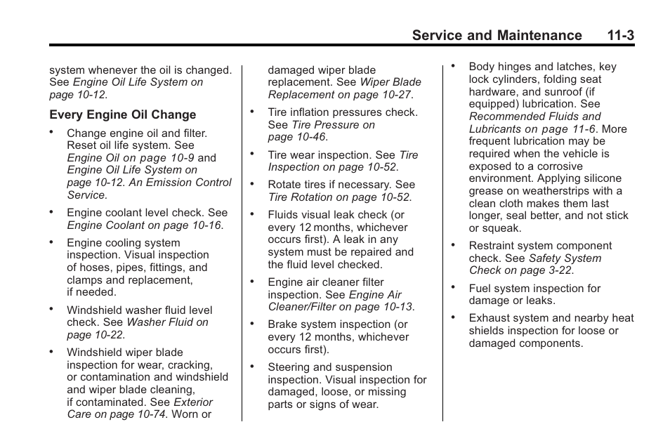 Service and maintenance 11-3, Every engine oil change | Buick 2011 Regal User Manual | Page 319 / 360
