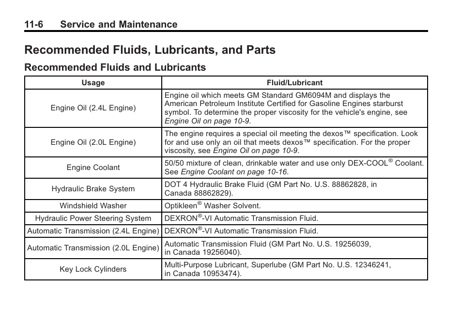 Recommended fluids, lubricants, and parts, Recommended fluids and lubricants, Recommended fluids | Parts -6, Recommended fluids and, Lubricants -6, 6 service and maintenance | Buick 2011 Regal User Manual | Page 322 / 360
