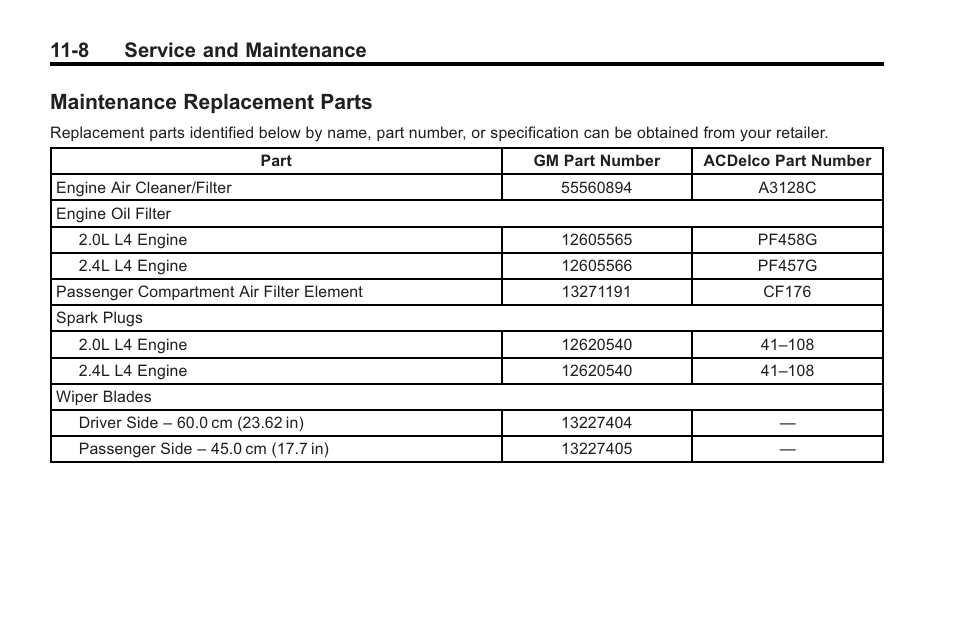Maintenance replacement parts, Maintenance replacement, Parts -8 | 8 service and maintenance | Buick 2011 Regal User Manual | Page 324 / 360