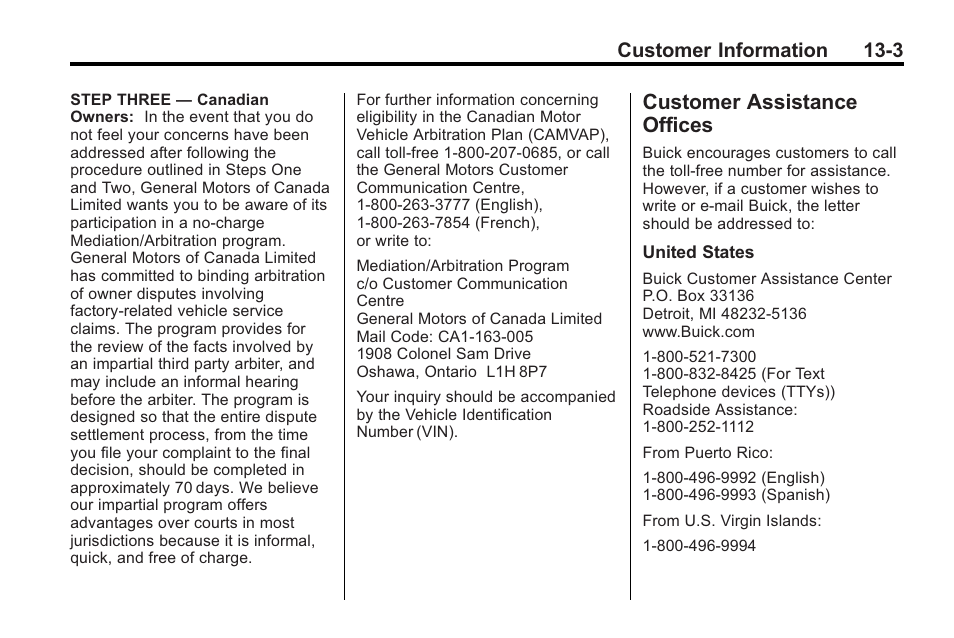 Customer assistance offices, Customer assistance, Offices -3 | Vehicle, Customer information 13-3 | Buick 2011 Regal User Manual | Page 335 / 360