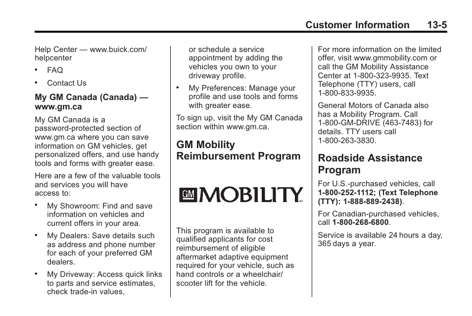 Gm mobility reimbursement program, Roadside assistance program, Gm mobility reimbursement | Program -5, Roadside assistance, Navigation, Customer information 13-5 | Buick 2011 Regal User Manual | Page 337 / 360