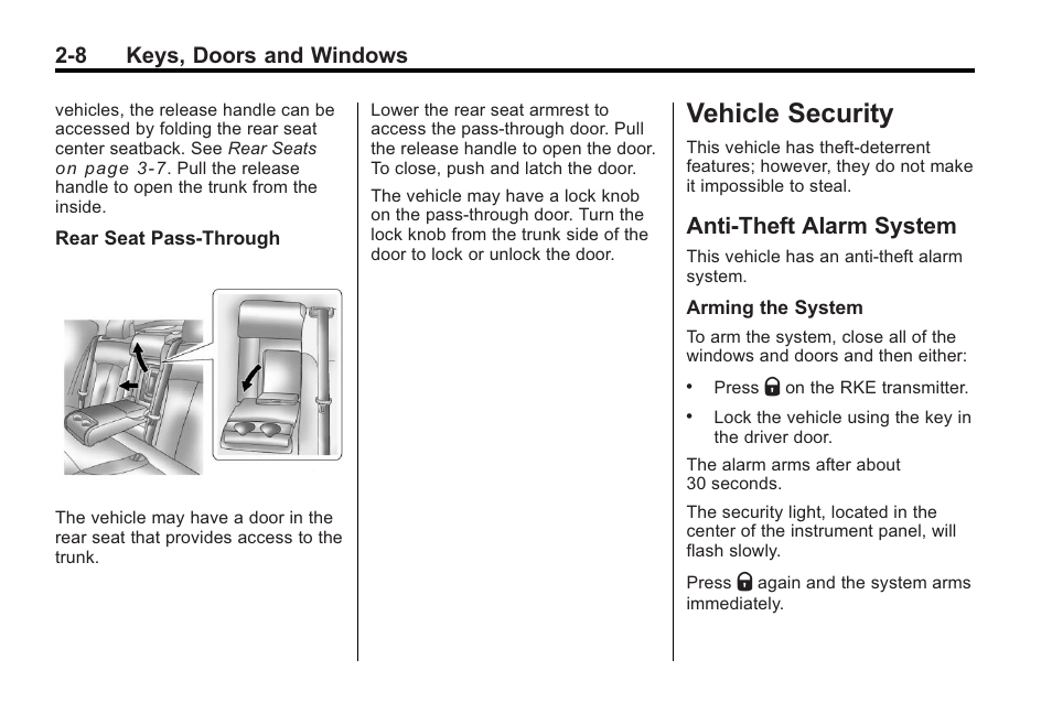Vehicle security, Anti-theft alarm system, Vehicle security -8 | Vehicle security -8 anti-theft alarm system -8, Windows, 8 keys, doors and windows | Buick 2011 Regal User Manual | Page 34 / 360