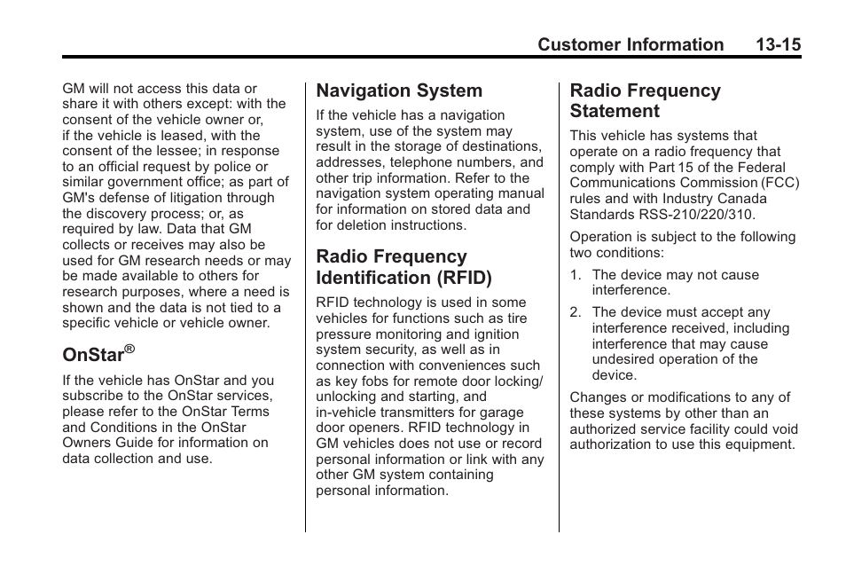 Onstar, Navigation system, Radio frequency identification (rfid) | Radio frequency statement, System -15 radio frequency, Identification (rfid) -15, Radio frequency, Statement -15 | Buick 2011 Regal User Manual | Page 347 / 360