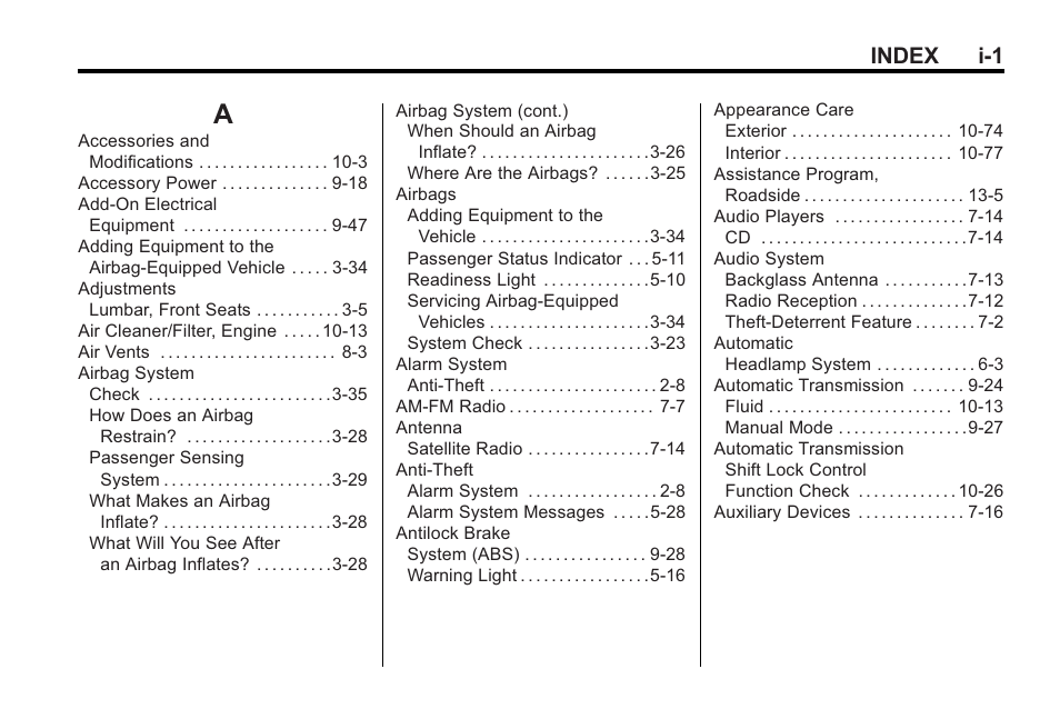 Index, Index_a, Index i-1 | Buick 2011 Regal User Manual | Page 349 / 360