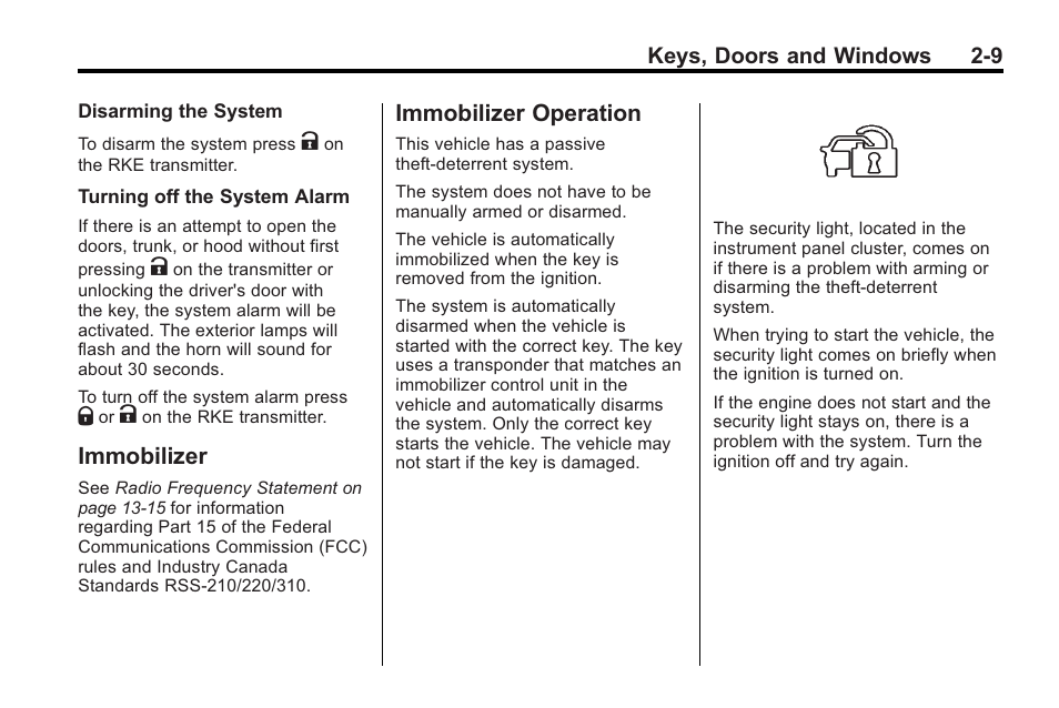 Immobilizer, Immobilizer operation, Immobilizer -9 immobilizer operation -9 | Buick 2011 Regal User Manual | Page 35 / 360