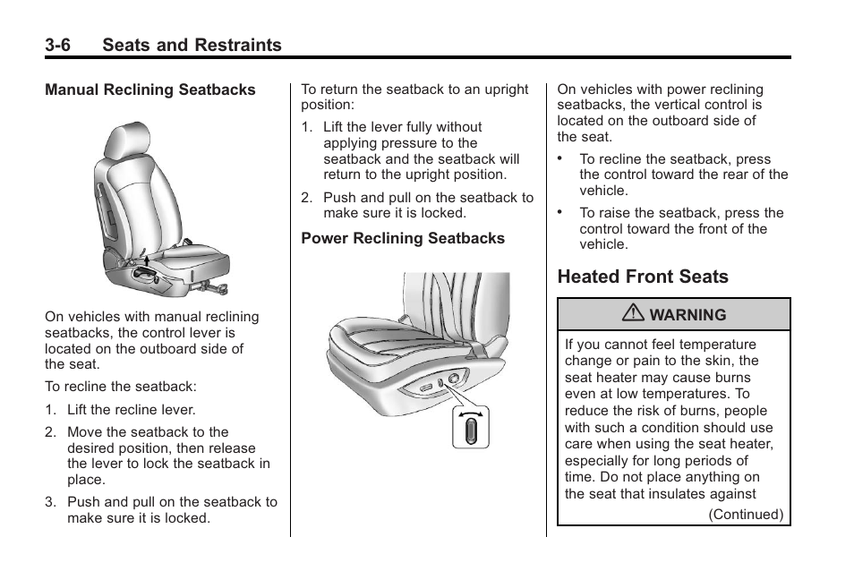 Heated front seats, Heated front seats -6, 6 seats and restraints | Buick 2011 Regal User Manual | Page 48 / 360