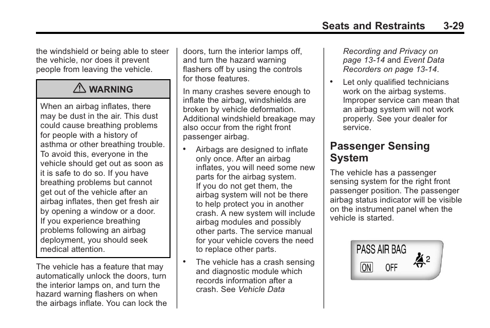 Passenger sensing system, Passenger sensing, System -29 | Front, Seats and restraints 3-29 | Buick 2011 Regal User Manual | Page 71 / 360
