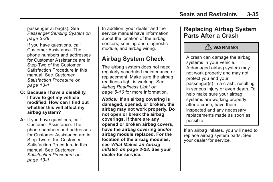 Airbag system check, Replacing airbag system parts after a crash, Airbag system check -35 replacing airbag system | Parts after a crash -35 | Buick 2011 Regal User Manual | Page 77 / 360