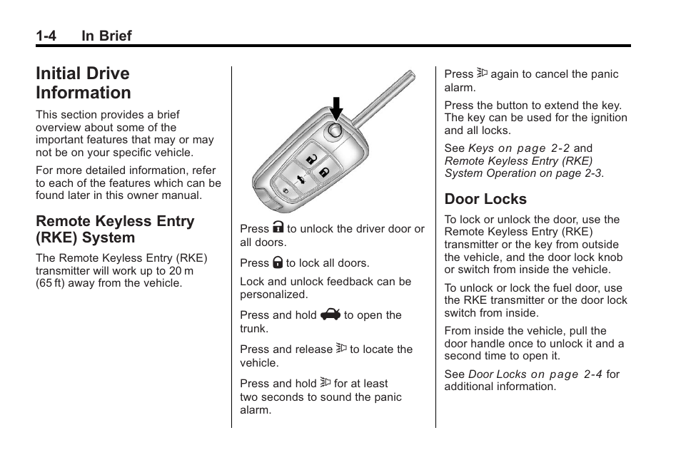 Initial drive information, Remote keyless entry (rke) system, Door locks | Initial drive information -4, Child restraints -36, Radio, System -4, Door locks -4 | Buick 2011 Regal User Manual | Page 8 / 360