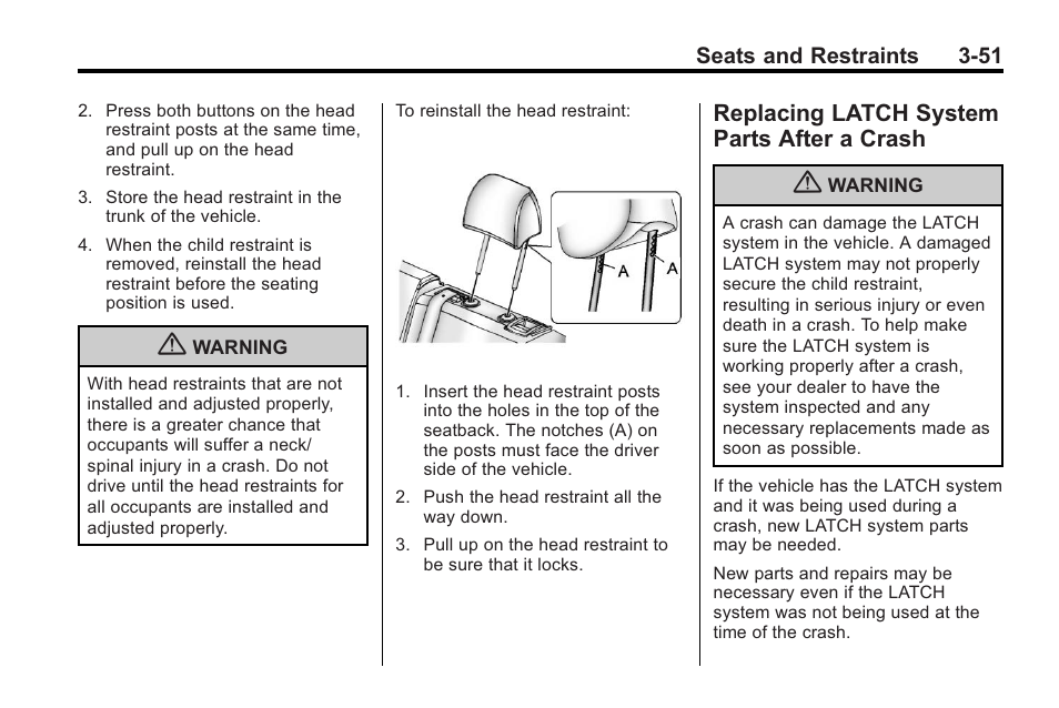 Replacing latch system parts after a crash, Replacing latch system, Parts after a crash -51 | Buick 2011 Regal User Manual | Page 93 / 360