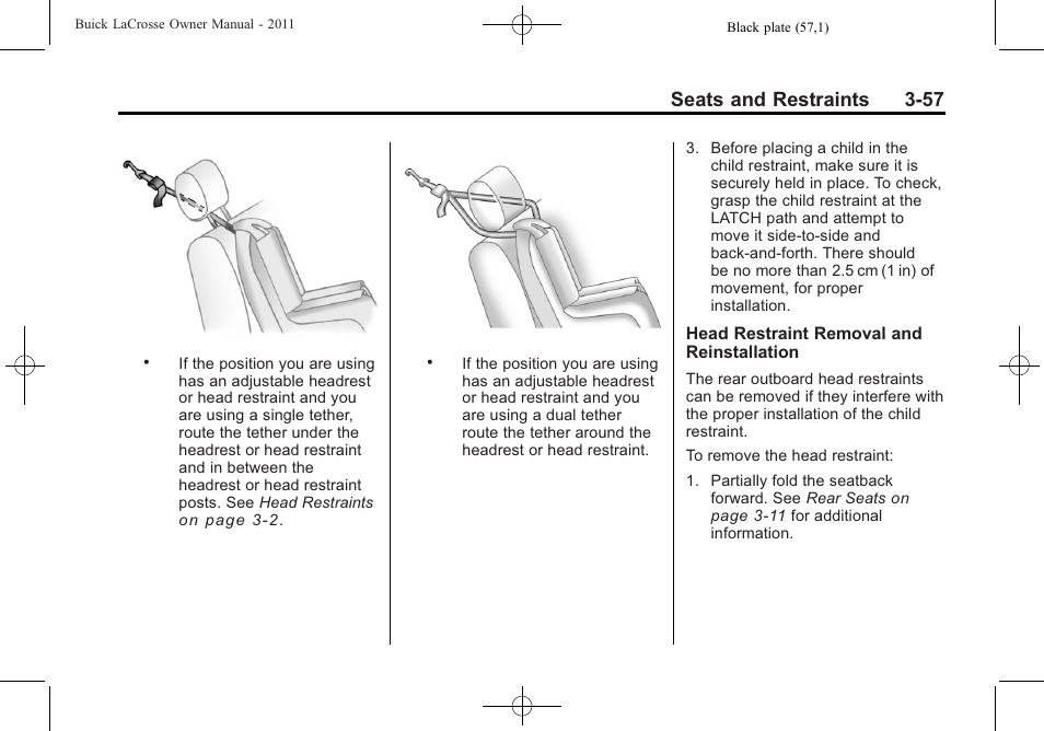 Seats and restraints 3-57 | Buick 2011 Lacrosse User Manual | Page 109 / 446