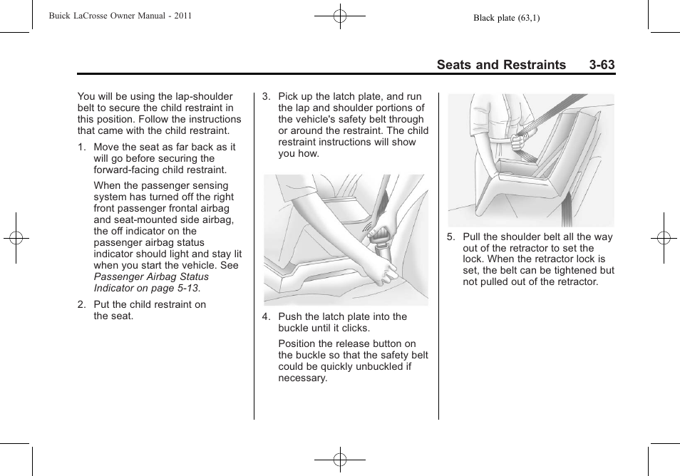 Seats and restraints 3-63 | Buick 2011 Lacrosse User Manual | Page 115 / 446