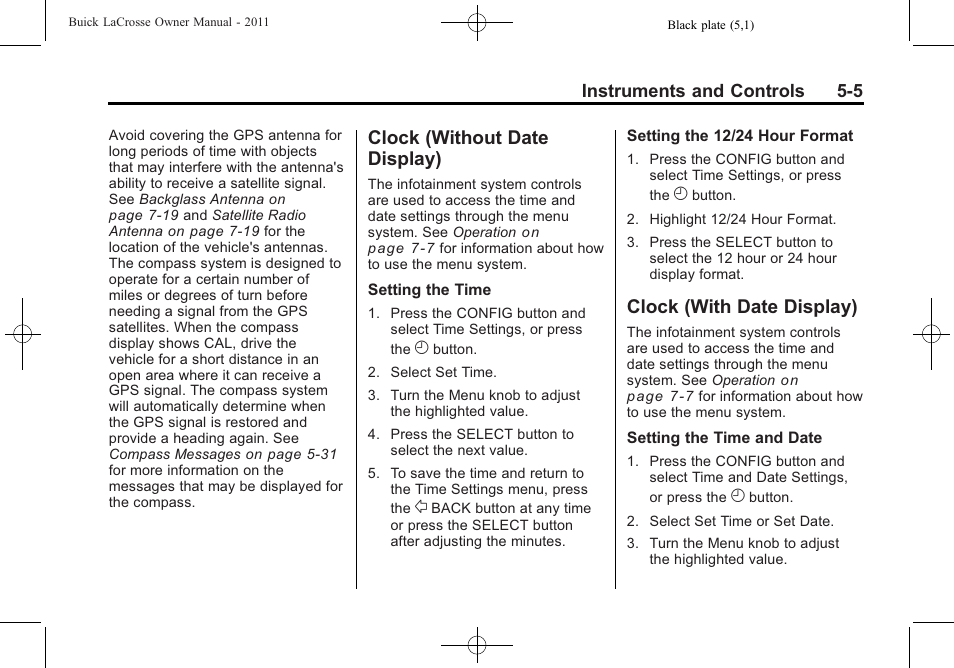 Clock (without date display), Clock (with date display), Clock (without date | Display) -5, Clock (with date display) -5, Electric, Light | Buick 2011 Lacrosse User Manual | Page 123 / 446