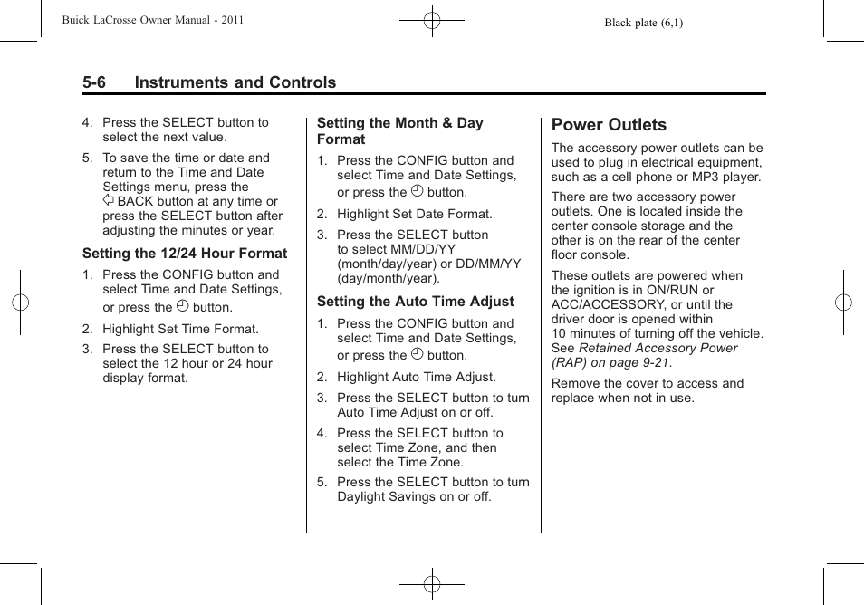 Power outlets, Power outlets -6 | Buick 2011 Lacrosse User Manual | Page 124 / 446