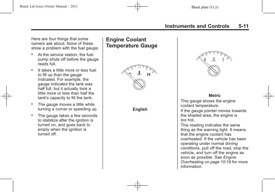 Engine coolant temperature gauge, Engine coolant temperature, Gauge -11 | Instruments and controls 5-11 | Buick 2011 Lacrosse User Manual | Page 129 / 446