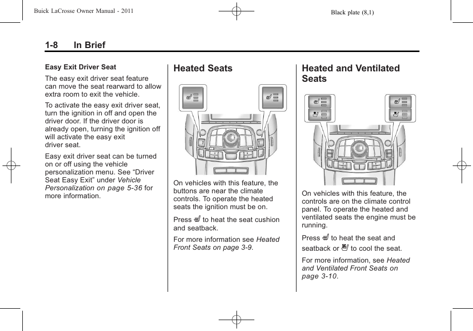 Heated seats, Heated and ventilated seats, Heated seats -8 heated and ventilated | Seats -8 | Buick 2011 Lacrosse User Manual | Page 14 / 446