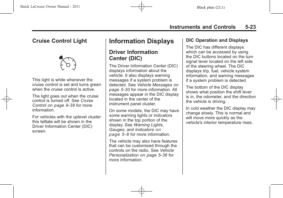Cruise control light, Information displays, Driver information center (dic) | Engine exhaust, Cruise control light -23, Driver information, Center (dic) -23 | Buick 2011 Lacrosse User Manual | Page 141 / 446