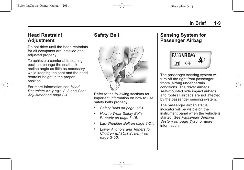 Head restraint adjustment, Safety belt, Sensing system for passenger airbag | Head restraint adjustment -9 safety belt -9, Sensing system for passenger, Airbag -9 | Buick 2011 Lacrosse User Manual | Page 15 / 446