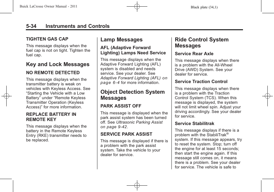Key and lock messages, Lamp messages, Object detection system messages | Ride control system messages, Messages -34, Ride control system, Steering, Adjustment | Buick 2011 Lacrosse User Manual | Page 152 / 446