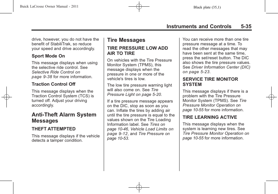 Anti-theft alarm system messages, Tire messages, Anti-theft alarm system | Messages -35, Tire messages -35 | Buick 2011 Lacrosse User Manual | Page 153 / 446