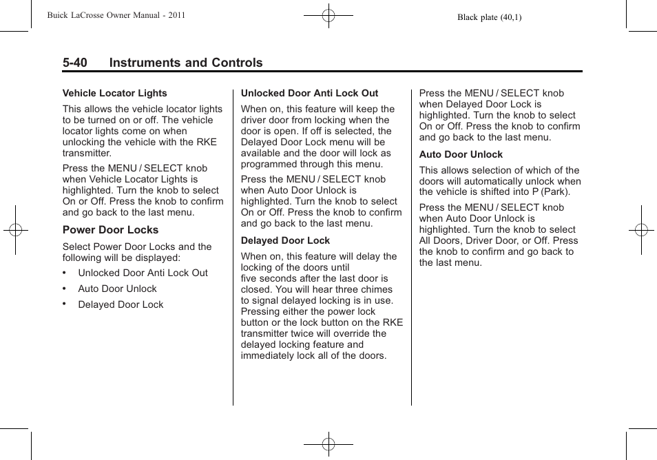 40 instruments and controls | Buick 2011 Lacrosse User Manual | Page 158 / 446