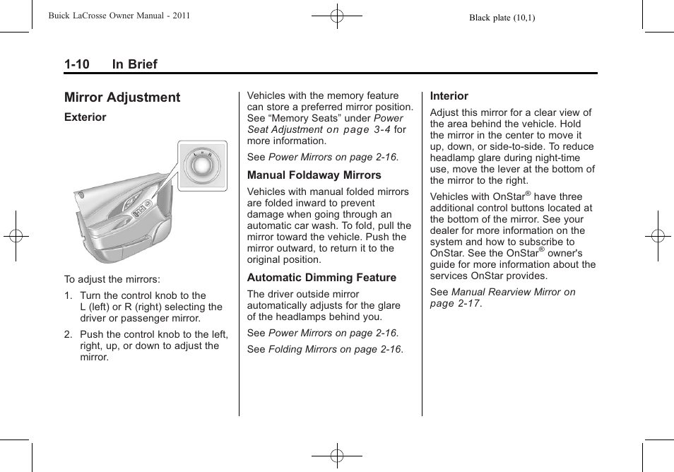 Mirror adjustment, Mirror adjustment -10, Universal | 10 in brief | Buick 2011 Lacrosse User Manual | Page 16 / 446