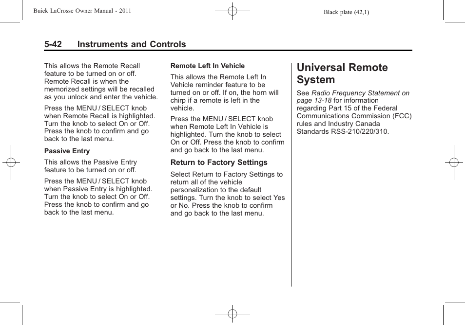 Universal remote system, System -42, Brakes | Universal remote system -42 | Buick 2011 Lacrosse User Manual | Page 160 / 446