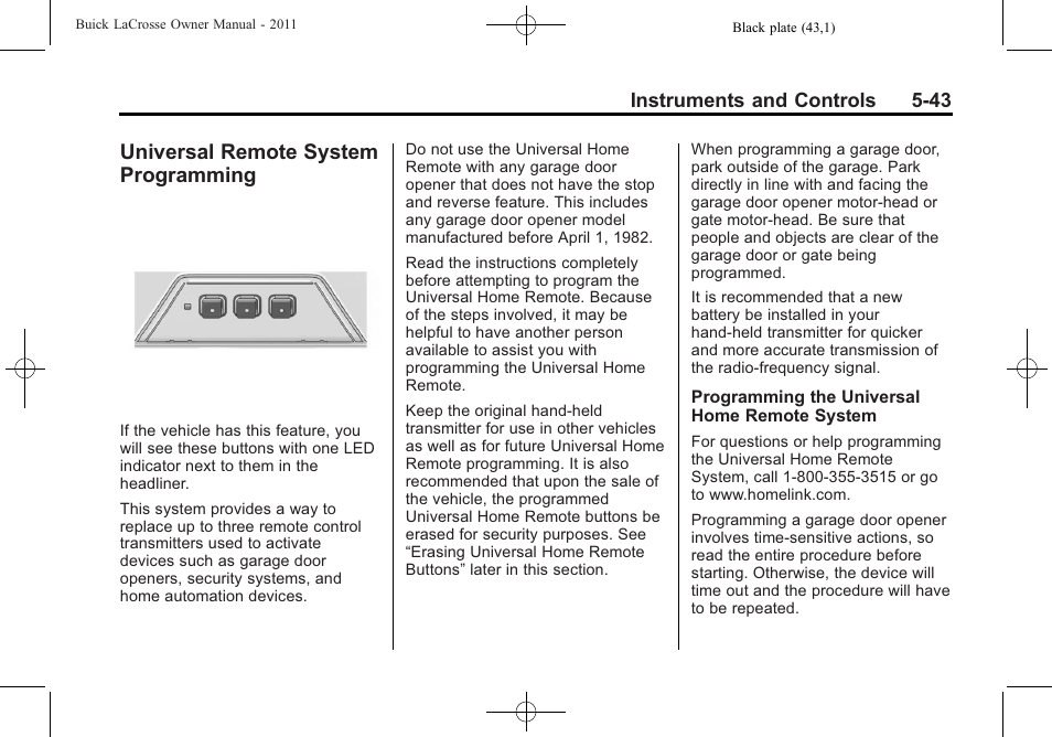 Universal remote system programming, Universal remote system, Programming -43 | Buick 2011 Lacrosse User Manual | Page 161 / 446