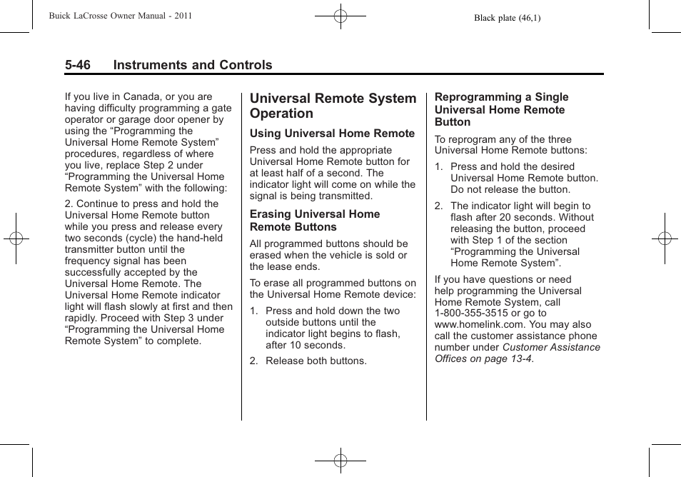 Universal remote system operation, Universal remote system, Operation -46 | 46 instruments and controls | Buick 2011 Lacrosse User Manual | Page 164 / 446