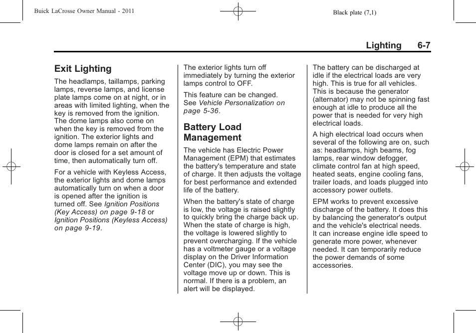 Exit lighting, Battery load management, Exit lighting -7 battery load management -7 | Buick 2011 Lacrosse User Manual | Page 171 / 446