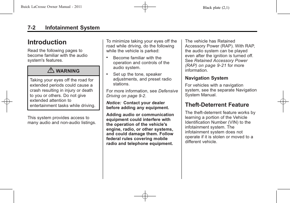 Introduction, Theft-deterrent feature, Introduction -2 | Introduction -2 theft-deterrent feature -2 | Buick 2011 Lacrosse User Manual | Page 174 / 446