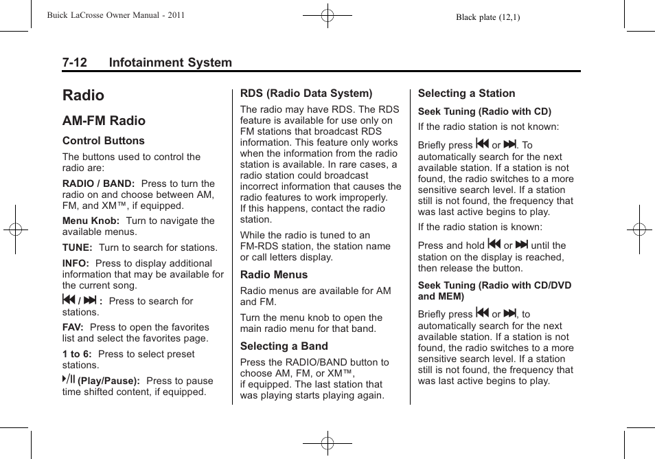 Radio, Am-fm radio, Radio -12 | Am-fm radio -12, Rear seat entertainment | Buick 2011 Lacrosse User Manual | Page 184 / 446