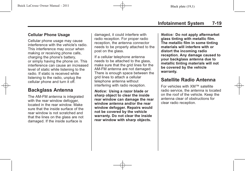 Backglass antenna, Satellite radio antenna, Backglass antenna -19 satellite radio antenna -19 | Buick 2011 Lacrosse User Manual | Page 191 / 446