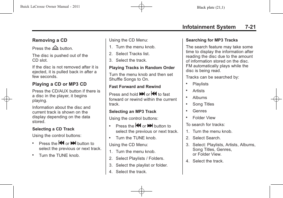 Infotainment system 7-21 | Buick 2011 Lacrosse User Manual | Page 193 / 446